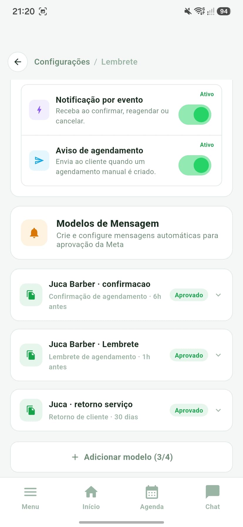 Configuração de lembretes Agefy